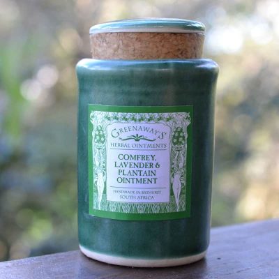 Comfrey lavendar and plantain ointment in handmade vessel in South Africa (Front view)